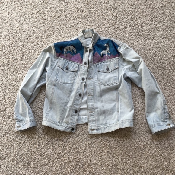 Aca Joe Stone Wash Jean Jacket Size Large - Hand Painted Horses Made In Japan - Picture 1 of 12